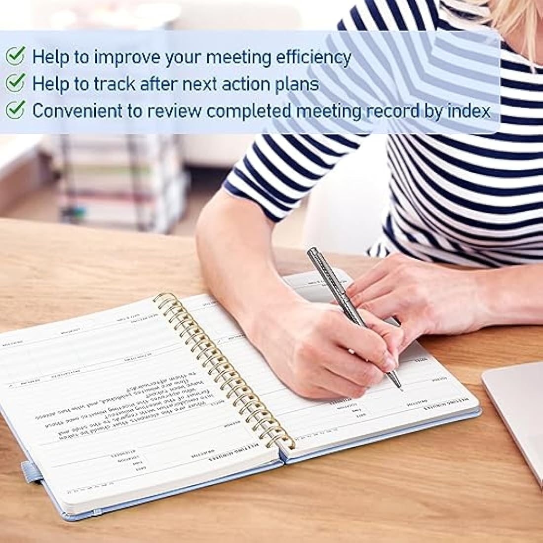 WEMATE Meeting Notebook B5 (7"x10") - PU Leather Planner Notebook with Agenda, Action Items & Notes - 200 Pages for Men&Women, Staff and Students, Meeting, Projects Planning - Light Blue