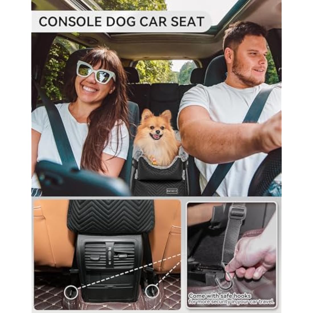 PETSFIT Center Console Dog Car Seat with Safe Protection Hooks, Upgraded Safety Tethers, Washable Cushion, Console Dog Seat for Small Dogs Up to 9 Lbs