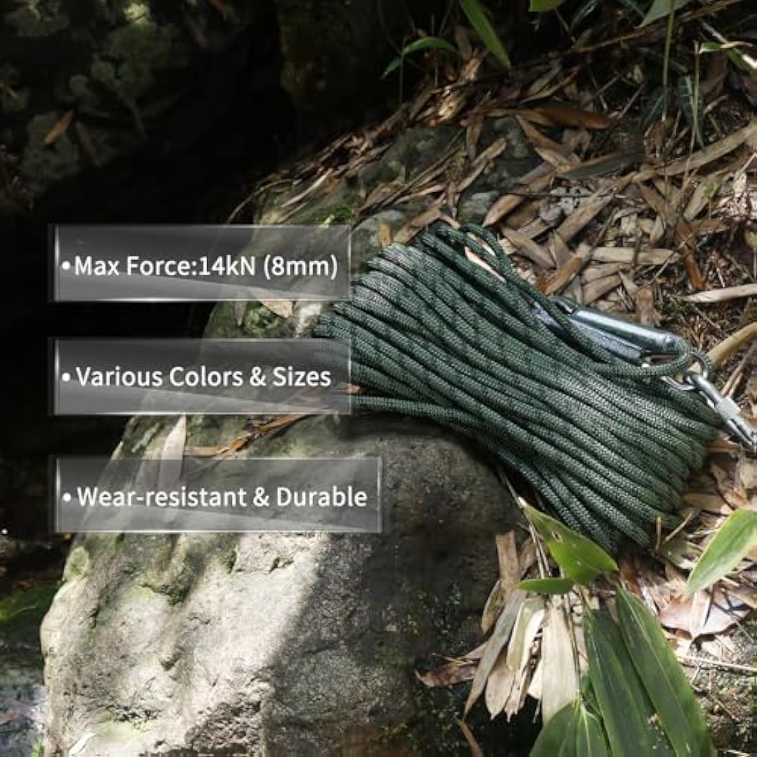 NewDoar 14KN Static Climbing Rope 8mm Accessory Cord Equipment 33FT(10M) 66FT(20M) 98FT(30M) 165FT(50M) Escape Rope with 2 Carabiners for Ice Climbing Fire Rescue Rope Safety Rope