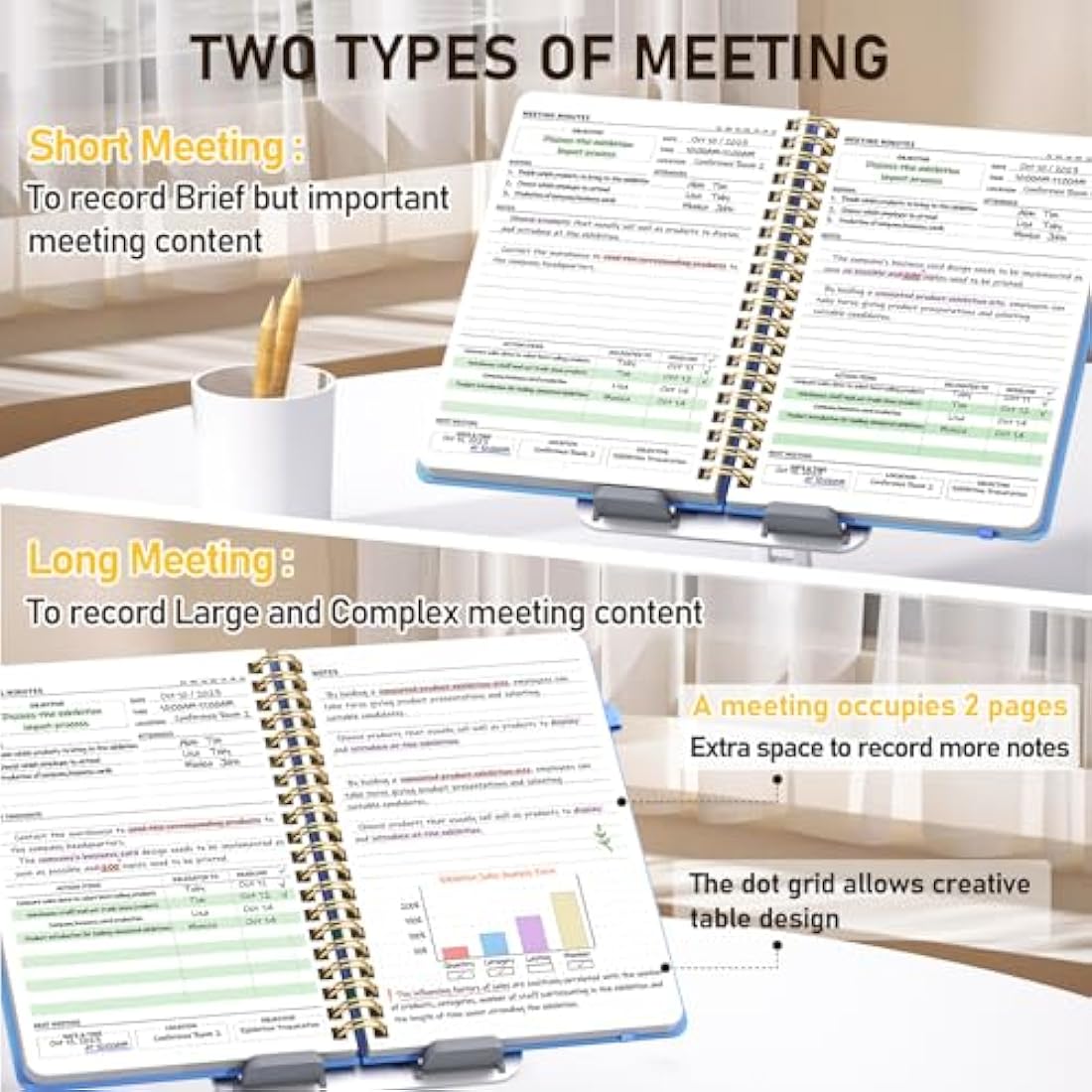 WEMATE Meeting Notebook B5 (7"x10") - PU Leather Planner Notebook with Agenda, Action Items & Notes - 200 Pages for Men&Women, Staff and Students, Meeting, Projects Planning - Light Blue