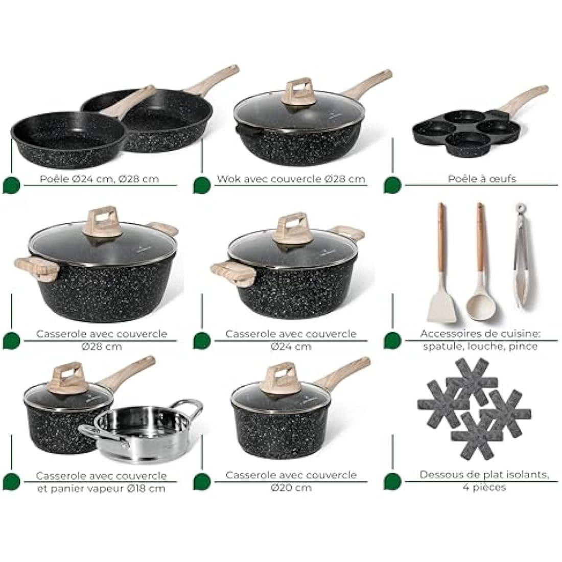 Just Perfecto pots and Pans Sets Non Stick, Induction hob pan Set, Saucepan Set, Non Stick Frying pan Set with lid Stock Pot, deep Frying pan, pots and Pans Set Granite cookware Set (21 Pcs Black)