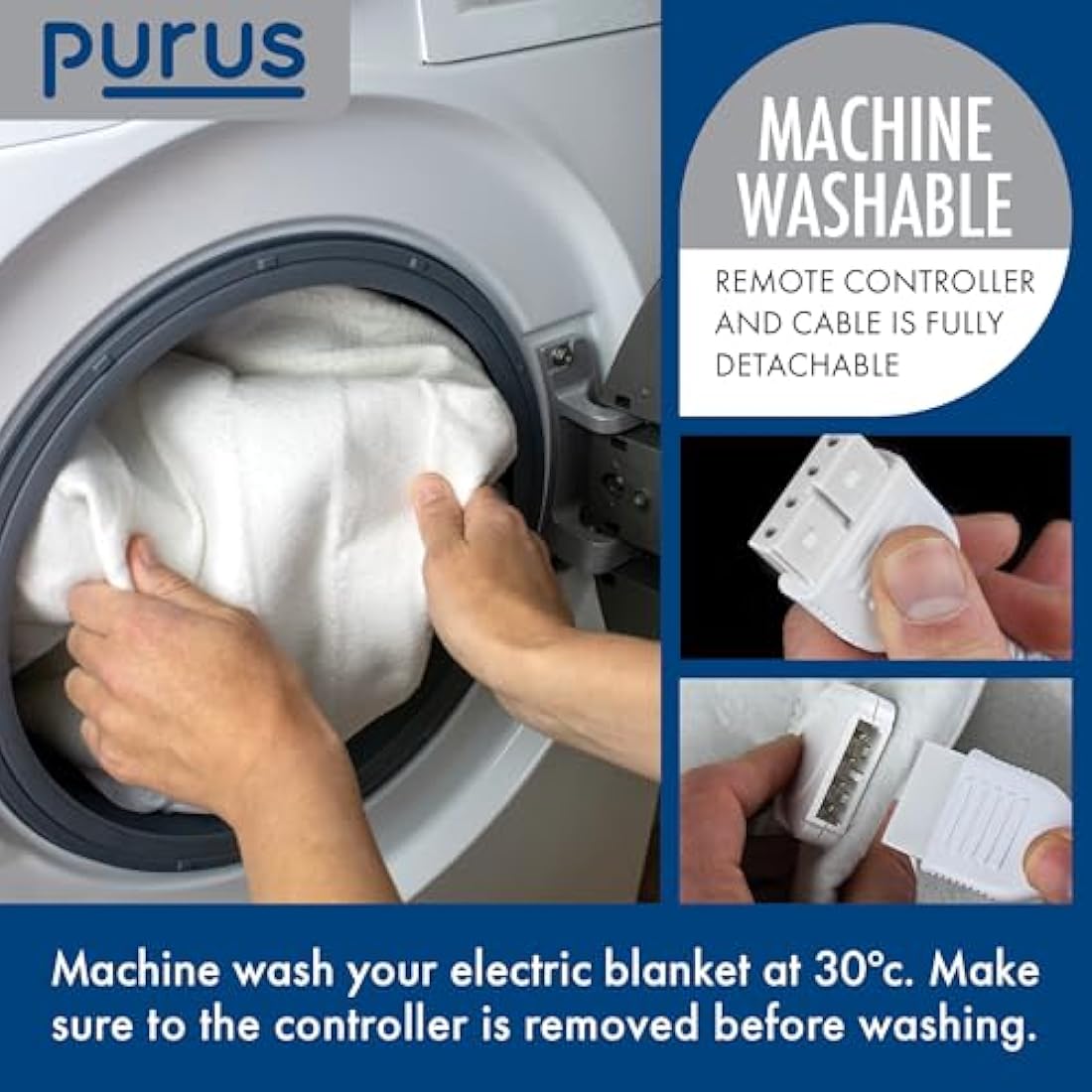 Purus Electric Blanket King Size 155 x 140cm, Soft Polyester Electric Blanket Fitted Underblanket Mattress Cover, 3x Heat Settings, 1x Controller and Machine Washable Heated Blanket