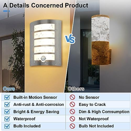 Allesgute Outdoor Wall Lights with PIR Motion Sensor, Curved Outside Light Mains Powered Stainless Steel IP44 Waterproof Wall Lamp Incl. 12W E27 LED Bulbs Warm White for Front Door Porch Stairway