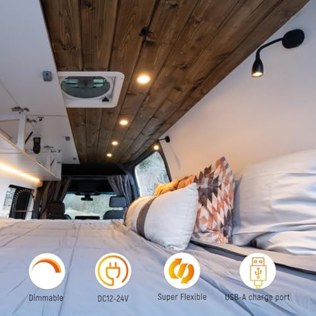 Obeaming 12V LED Dimmable Reading Light, Bedside Reading Lamp with USB Charger Flexible Gooseneck Wall Lamp for Camper Van Caravan Motorhome Truck Boat Interior Lighting, DC12V 24V 2Pack