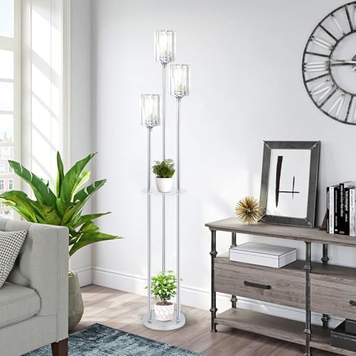 Rayofly Modern Floor Lamps for Living Room, 3-Lights Crystal Floor Lamp with Shelves, Chrome Standing Lamp with Crystal Shades and Foot Switch, Standing Lamps for Bedroom, Corner Tall Lamp for Office