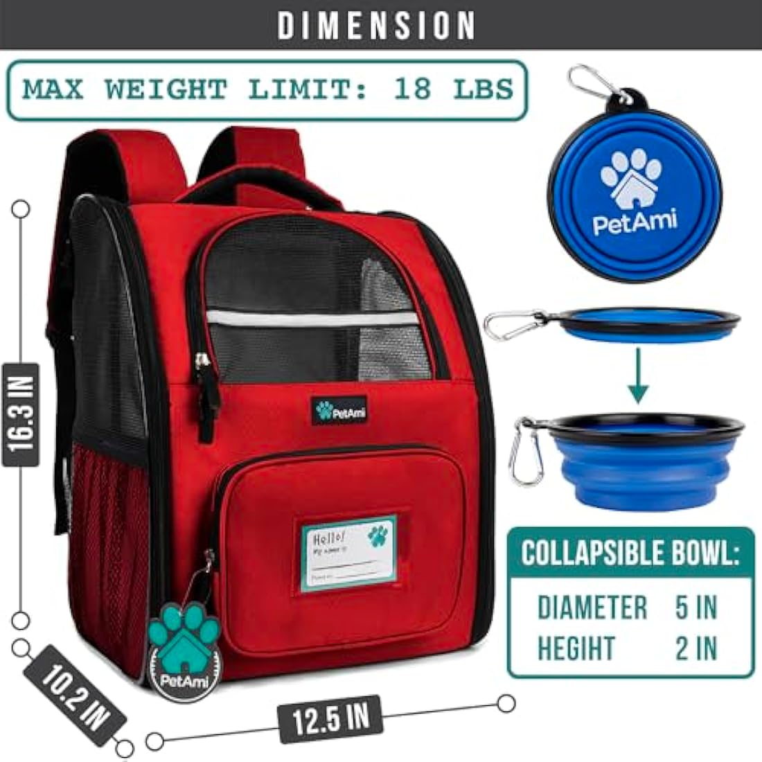 PetAmi Dog Backpack Carrier for Small Large Cat, Pet, Puppies, Ventilated Pet Hiking Backpack Travel Bag, Airline Approved Cat Backpack Carrier, Safety Back Support, Camping Biking Dog Bag, Red