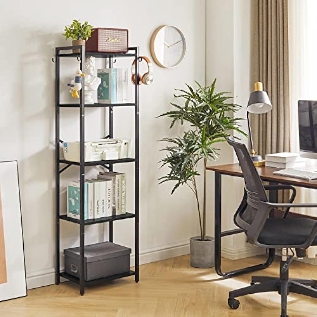 YMYNY Bookshelf,5 Tier Storage Rack, Plant Rack, Storage Rack with Steel Frame,for Living Room, Office, Study, Hallway, Industrial Style, Black HBC005B