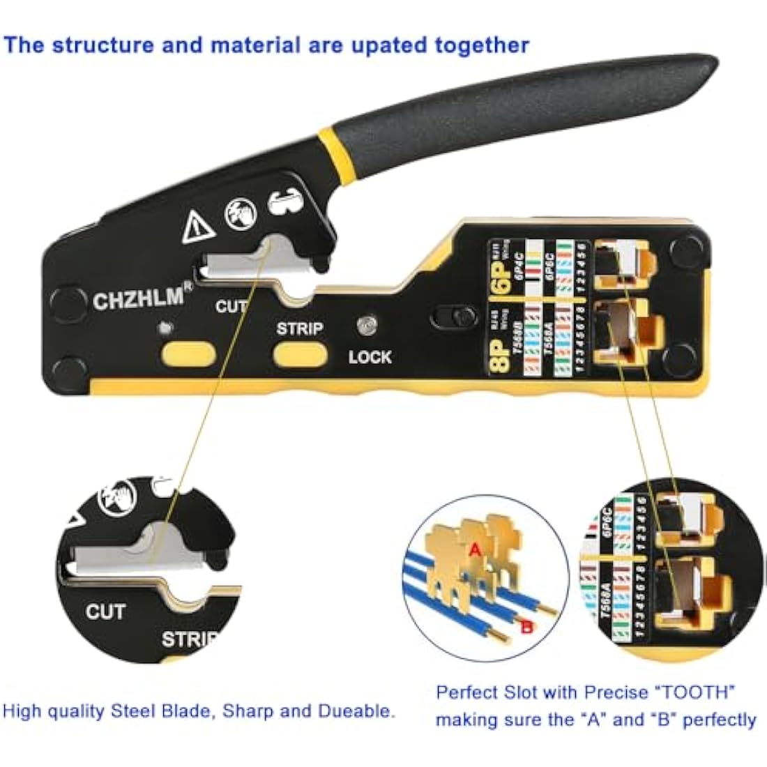 RJ45 Crimping Tool Kit Rj45 Crimper Stripper Cutter All-in-One Pass Through Crimper for 8P RJ45 Cat5 Cat5e Cat6 Cat6a 6P RJ11/12 Telephone Connectors with 50Pcs Connectors 50Pcs Covers Mini Stripper