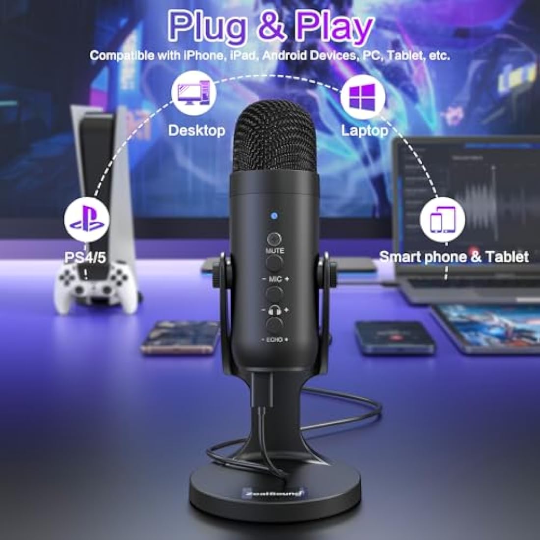 zealsound USB Microphone, PC Phone Podcast Mic, Condenser Gaming microphones for PS4&5, W/Quick Mute, Echo/Gain knob, Plug & Play for Streaming, Vocal Recording, ASMR, YouTube,Twitch on Mac Windows