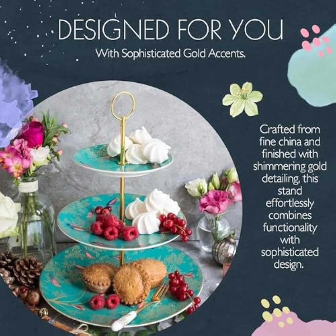 Sara Miller for Portmeirion Chelsea 3 Tier Cakestand Green, Ceramic, 280 x 280 x 60 cm