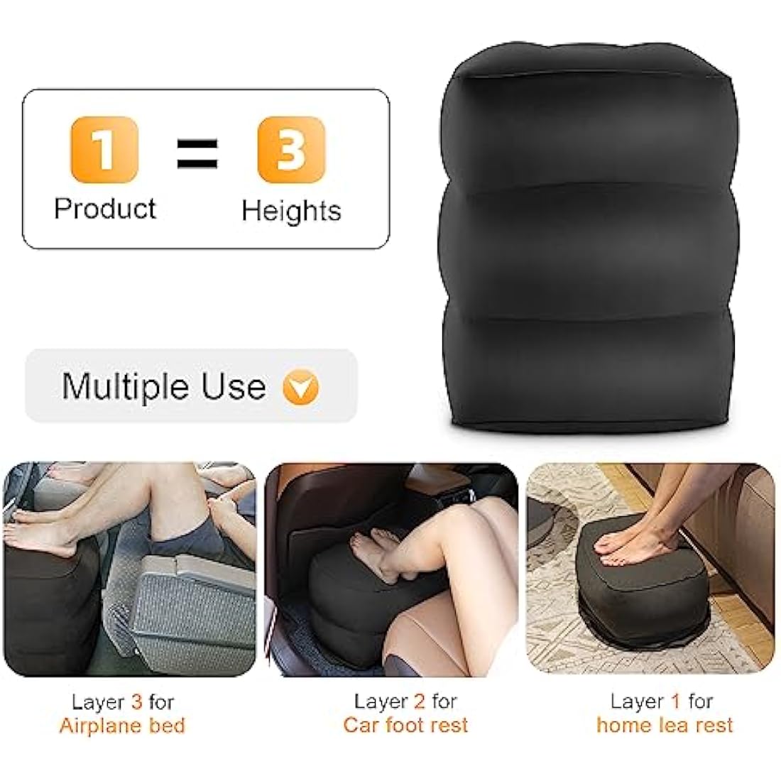 Maliton Airplane Footrest, Inflatable Foot Rest for Kids, Adjustable Height Travel Pillow On Airplanes, Cars, Travel, Office, Toddler Airplane Travel Essentials (Black, 2 Pack)