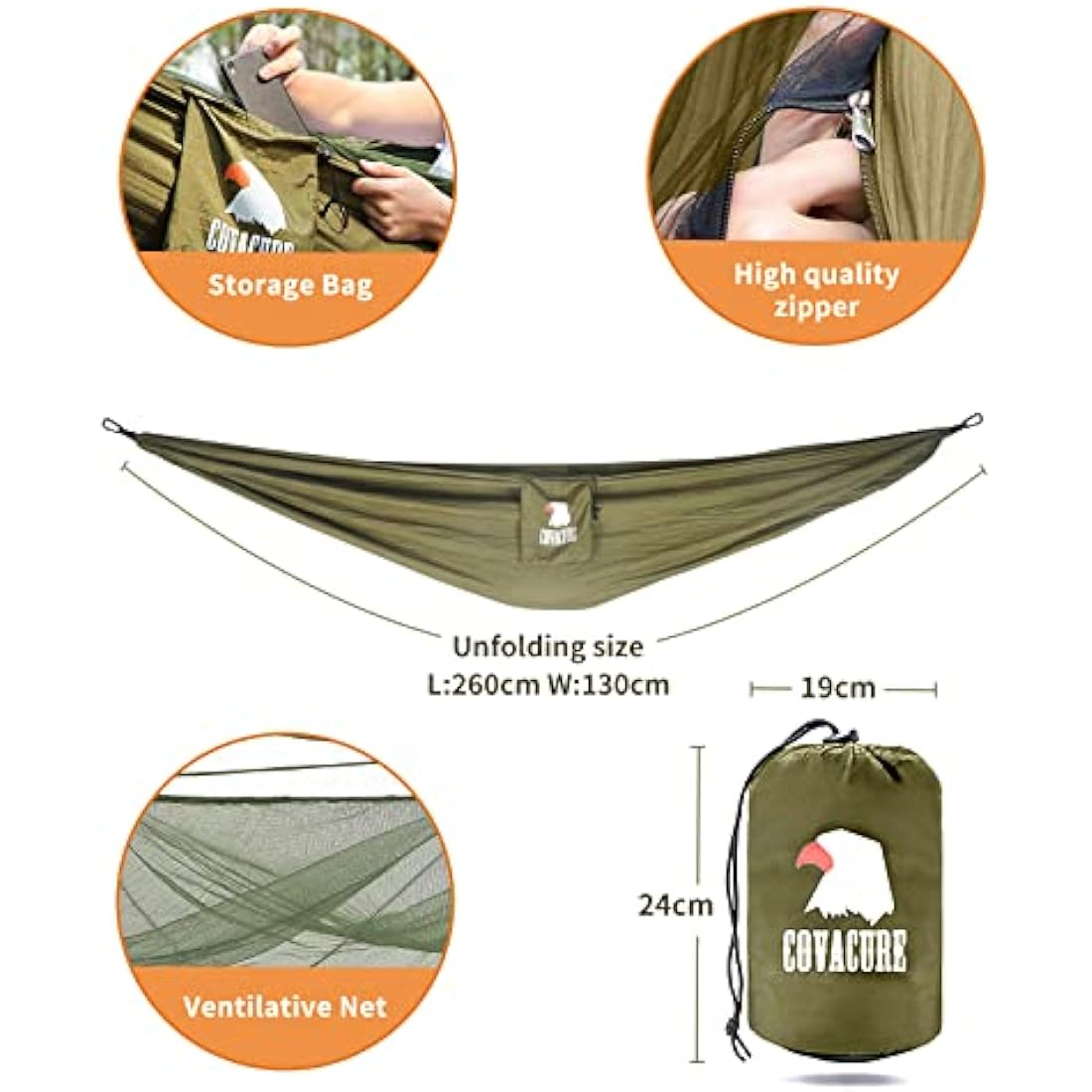 COVACURE Camping Hammock with Mosquito Net, Ultralight 210T Parachute Nylon with Two 10FT Tree Straps for Outdoor Camping Accessories