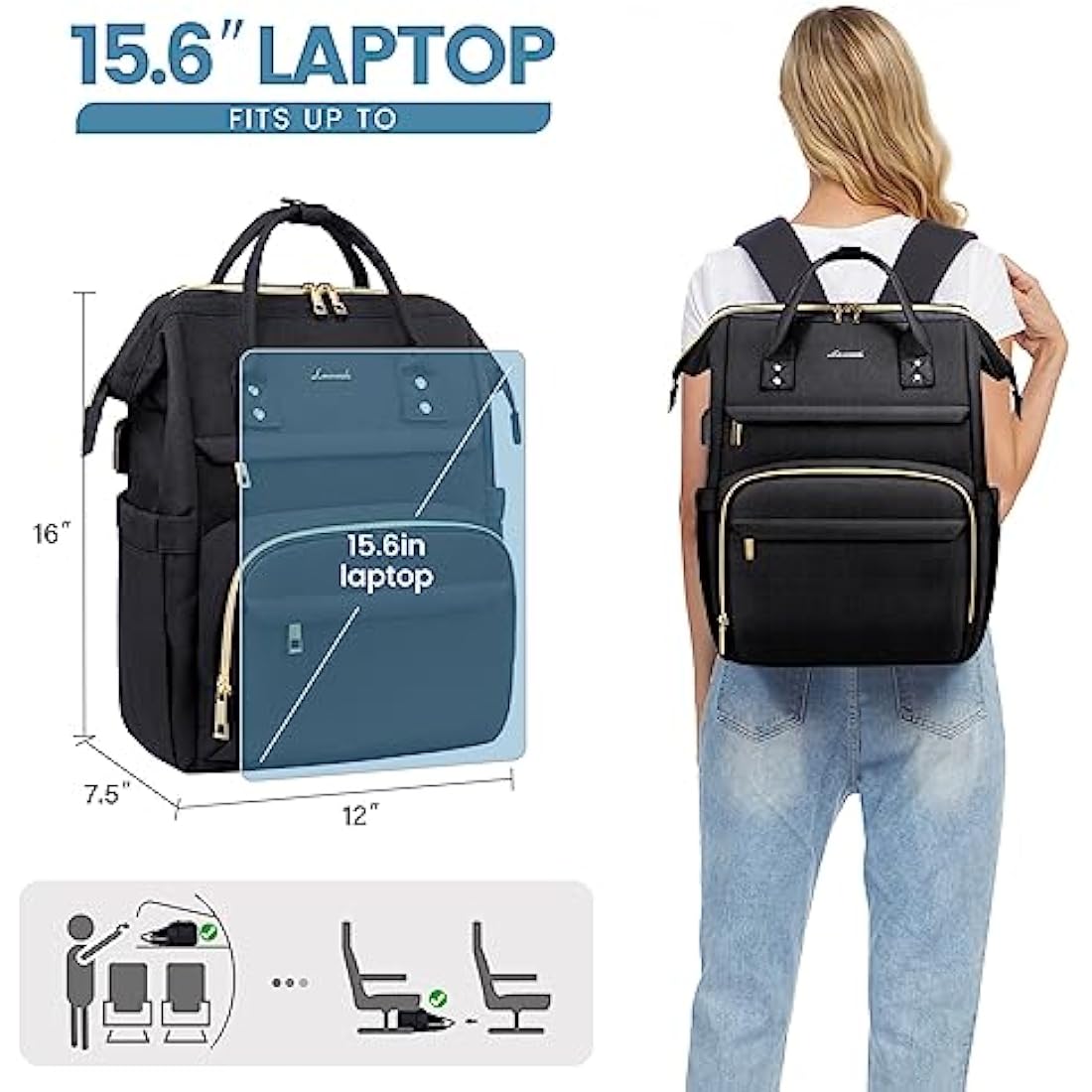 LOVEVOOK Laptop Backpack Womens, Large Travel Casual Daypack Waterproof Bag with USB Charging Port, fits 15.6 for Women Work School Business College Rucksack, Black