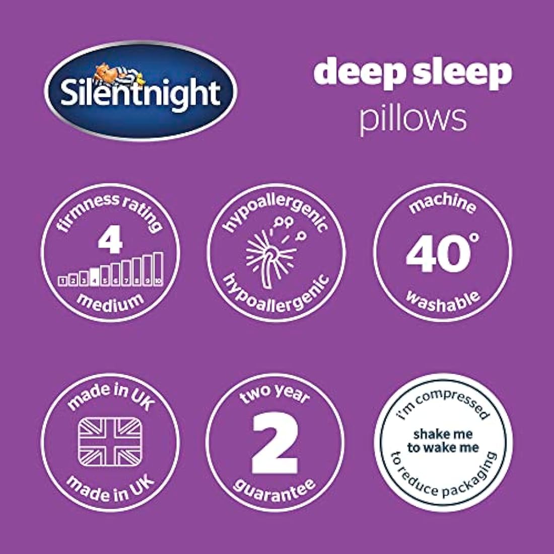 Silentnight Deep Sleep Pillows 2 Pack – Medium Support Comfortable Hollowfibre Bed for Front, Back and Side Sleepers Machine Washable Hypoallergenic of Standard Size, White