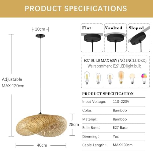 Schindora Pendant Light Retro,Hat Bamboo Lampshade 40Cm Weaving Pendant Light Fixtures E27 Creativity Pendant Lighting Ceiling for Dining Room Living Room Restaurant,Light Straw