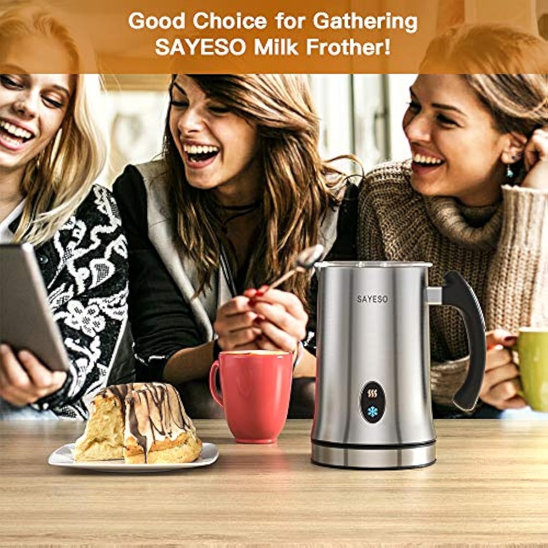 Milk Frother, SAYESO Electric Milk Frother and Warmer with Hot Cold Functionality, Stainless Steel Foam Maker, Automatic Shut-Off Milk Steamer for Coffee, Latte, Cappuccino and Macchiato (Silver)