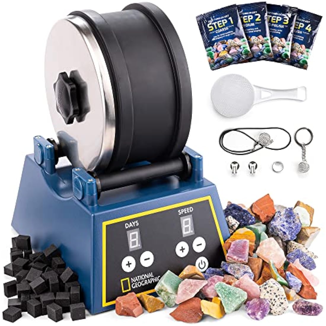 NATIONAL GEOGRAPHIC Rock Tumbler Kit - 1.36 kg Extra Large Capacity Barrel with 3-Speed Motor & 9-Day Timer, Includes Rocks for Tumbling & Rock Polisher Grit, Rock Tumbler Machine for Adults & Kids