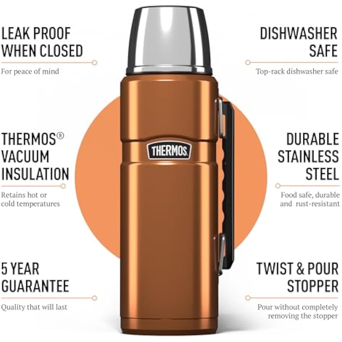 Thermos - Stainless King Copper Travel Flask (1.2L) - Premium Leak Proof Insulated Tea & Coffee Flask for Hot & Cold Drinks, Built-in Cup, Twist-Pour Stopper, BPA-Free, Durable Steel, Dishwasher Safe