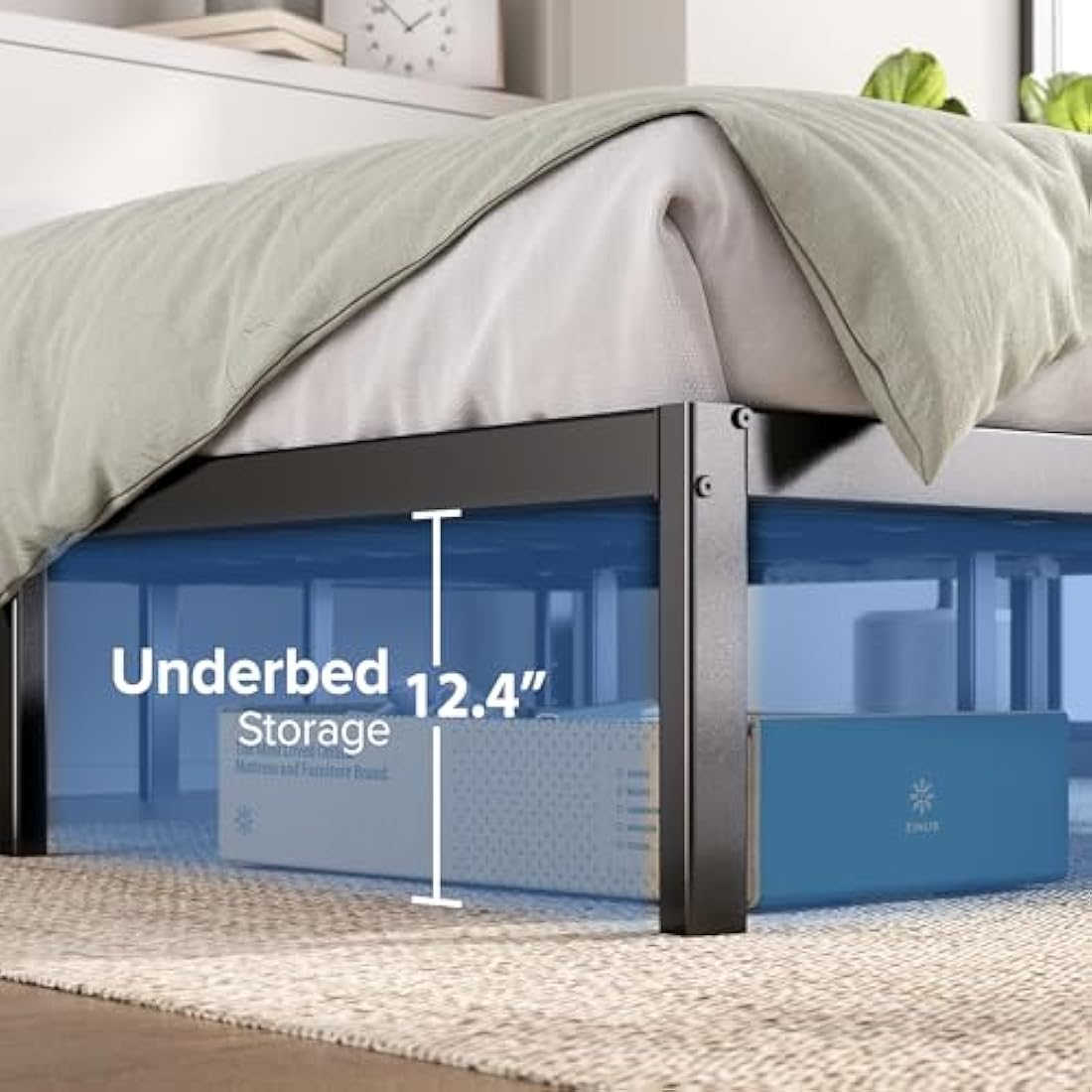 Zinus Elias King size Bed frame - Bed 150 x 200 cm - 36cm Height - Metal Bed frame with underbed storage and steel slat support - Black