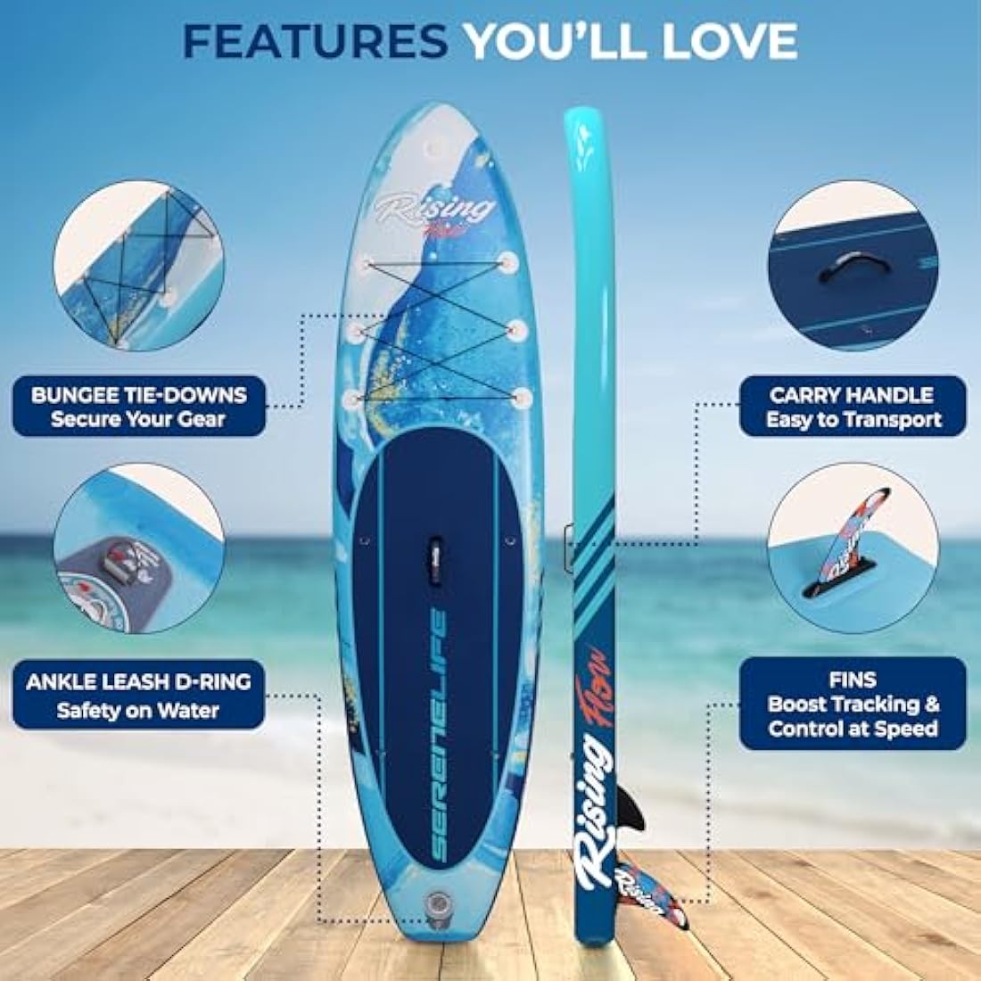 SereneLife Inflatable Stand Up Paddle Board, SUP Board- Paddleboards for Adults & Youth, Surfing Board Kit, 0.63cm Thick Standup Paddleboarding, Non-Slip Deck, Wide Stance, Surf Control w/Backpack