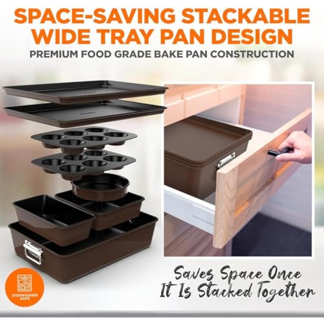 NutriChef Baking Tray Set, Stackable Bakeware Trays, Smart Space Stacking Baking Trays, 8 Pcs Non-Stick Oven Safe Baking Sets w/ Cookie, Loaf Pan, Pizza Pan, Muffin Tins, Cake Tin, Round/Square Pans