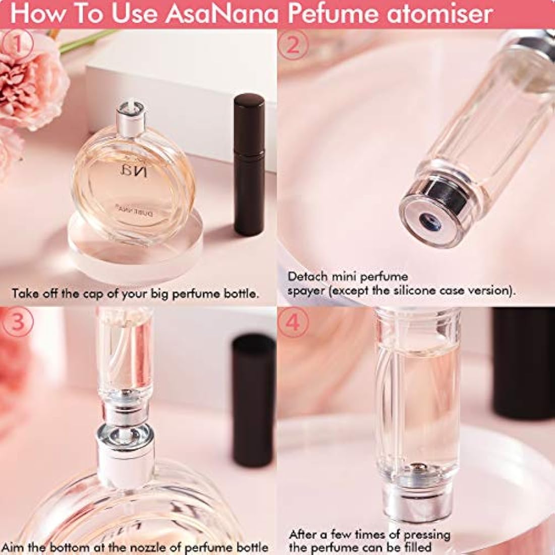 AsaNana Perfume Atomiser, Refillable & Travel Size Perfume Bottle, Leaking Proof,Bottom Pump without Funnel, Luxurious Small women and men, 5ml (CLa-2P(Black&Black))