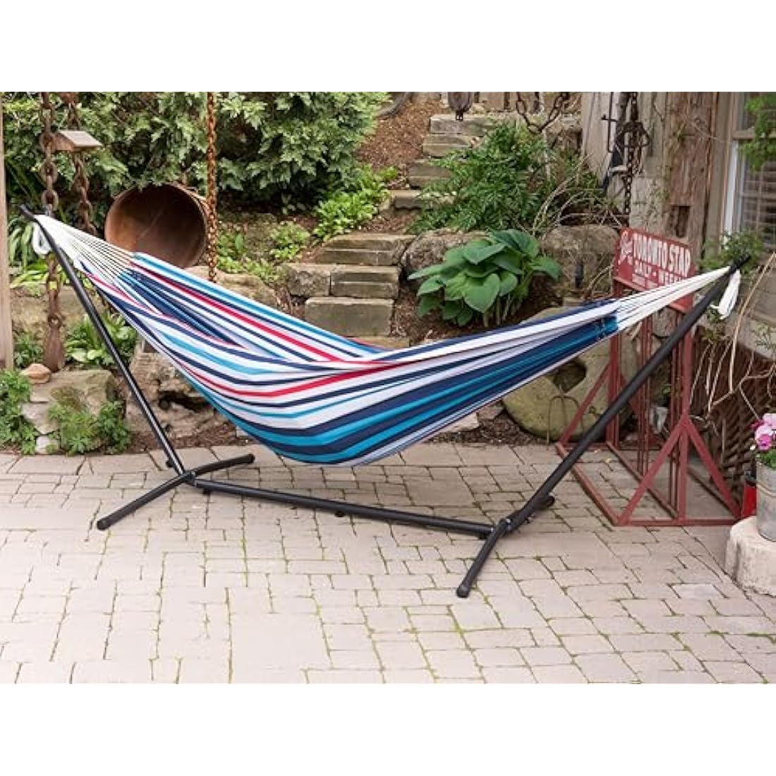 Vivere, Denim Double Cotton Hammock with Space-Saving Steel Stand including Carrying Bag