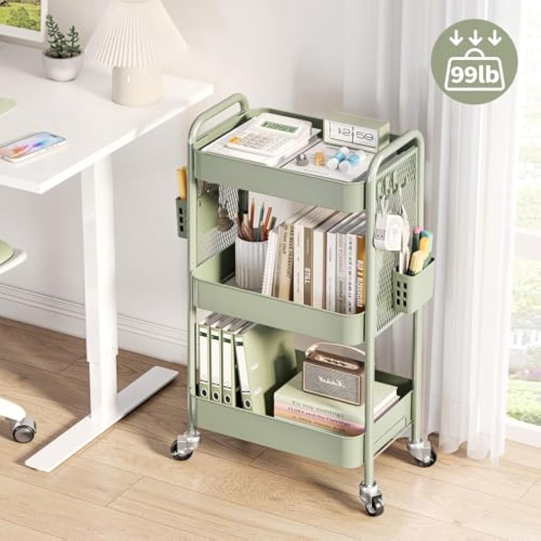 Urackify Storage Trolley on Wheels for Variety Applications, 3 Tier Trolley with Extra DIY Pegboards,Handing Bins, and Hooks for Living Room, Kitchen, Bathroom, Office, Classroom, Green