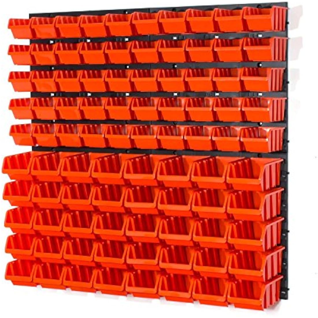 Set of 50 XS and 40 S size IN-Box storage bins and wall mounted louvre