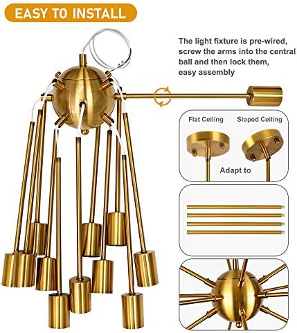 LynPon Sputnik Chandelier Gold Modern Brass Pendant Ceiling Light 12 Lights Industrial Lighting Fitting for Kitchen Dining Living Room Bedroom