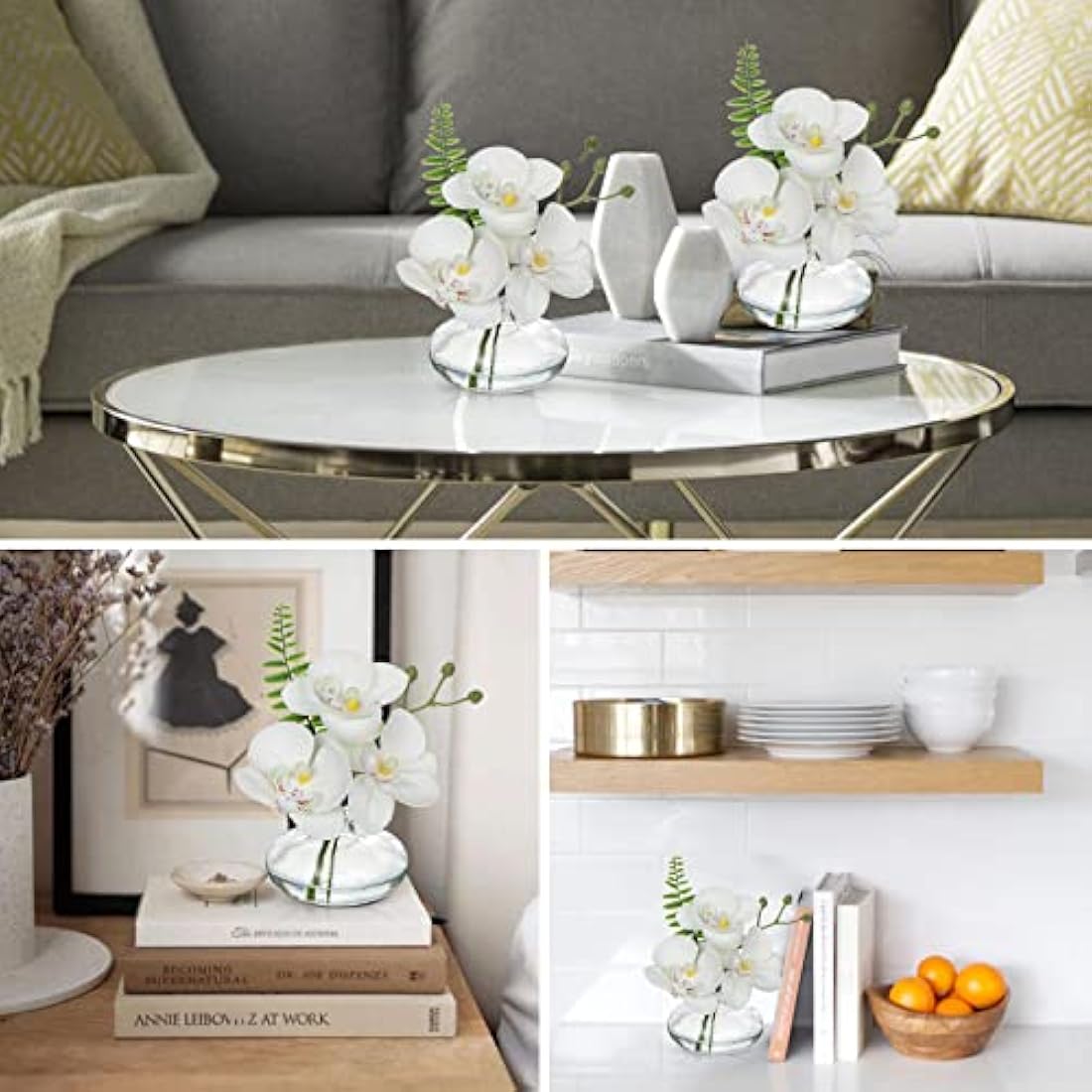 Briful Set of 3 Artificial Orchids in Glass Vase, White Orchids Fake Flowers in Faux Water Artificial Flowers for Decoration Artificial Plant for Living Room Bathroom Office Décor