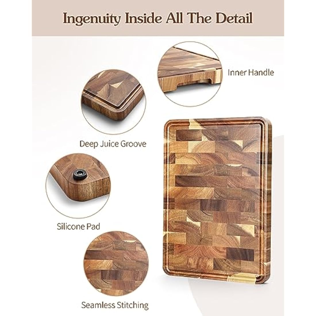 XINZUO Acacia Wood Cutting Board for Kitchen End Grain (13.8''L x 9.8''W x 1''T)-Wooden Chopping Board Meat Cutting Board with Non-Slip Feet, Side Handles and Juice Groove