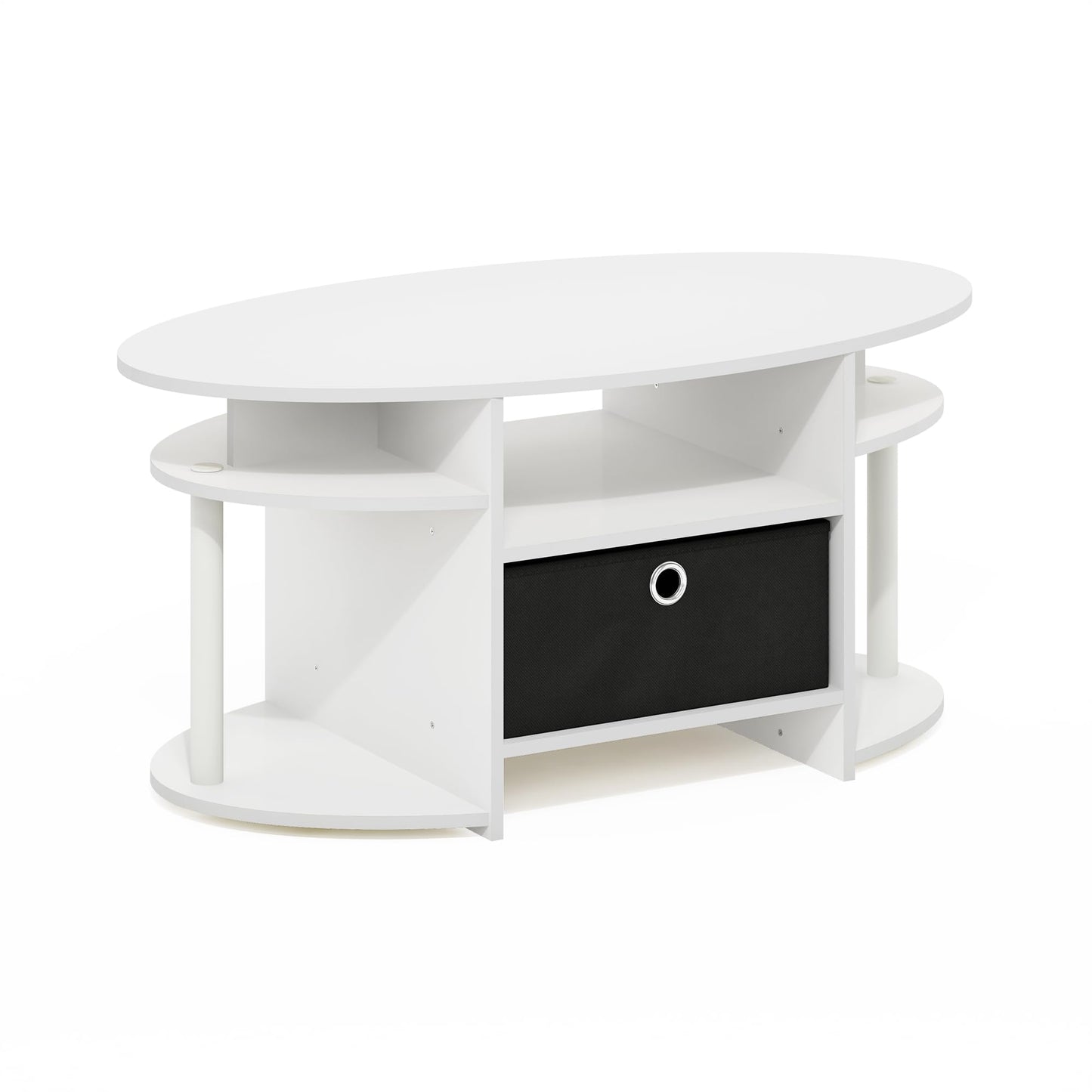 Furinno JAYA Coffee Table, Oval Modern Coffee Table with Shelves and Storage Bin, Side Table, for Living Room, Bedroom, Home Office, White