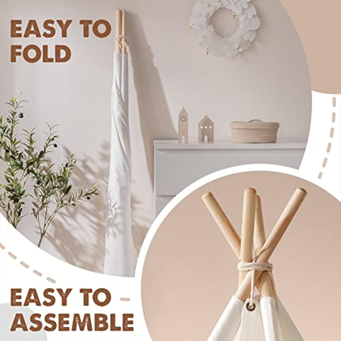 Tiny Land Kids Teepee Tent with Padded Mat & Light String& Carry Case- Kids Foldable Play Tent for Indoor Outdoor, Raw White Canvas Teepee - Kids Playhouse - Portable Kids Tent,Off-White 1.6m
