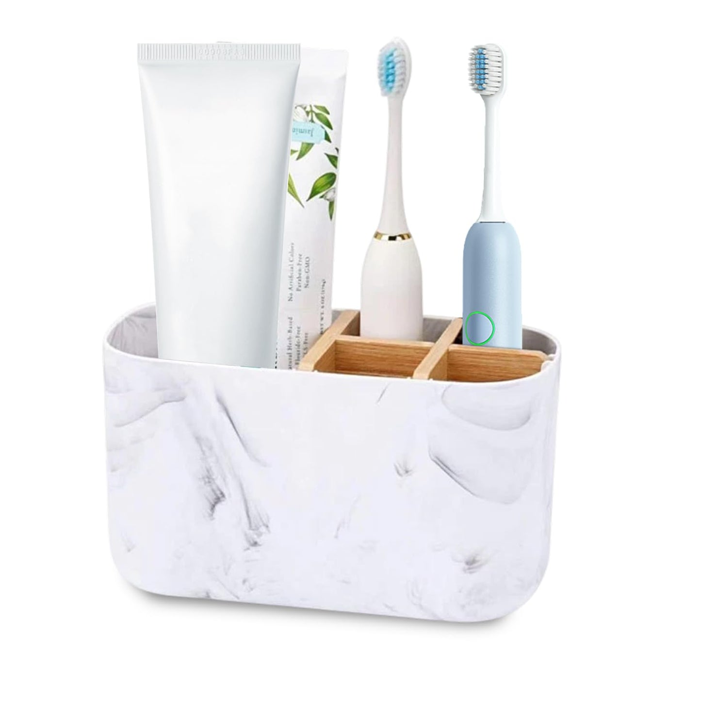 Toothbrush Holder, 5 Slots Electric Toothbrush Holder with Detachable Bamboo Divider, Countertop Toothpaste Storage Caddy for Family & Easy to Clean
