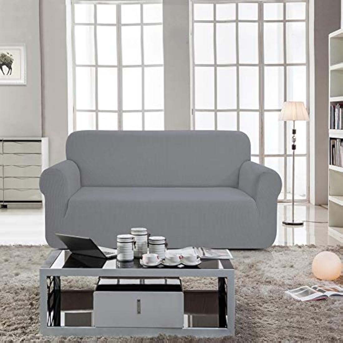 SAMSTEX Stylish Sofa Cover Stretch 1-Piece Sofa Slipcovers High Stretch Sofa Covers 3 Seater Thick Soft Sofa Protector Machine Washable Non Slip Couch Covers (3 Seater, Light Grey)