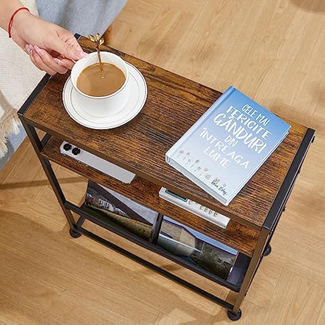 ZEXVIDA Small End Table for Small Spaces - Slim Side Table with Magazine Holder,2 in 1 Design Narrow End Table Living Room,Skinny Bedroom Nightstand Thin Side Magazine Table (Rustic Brown)