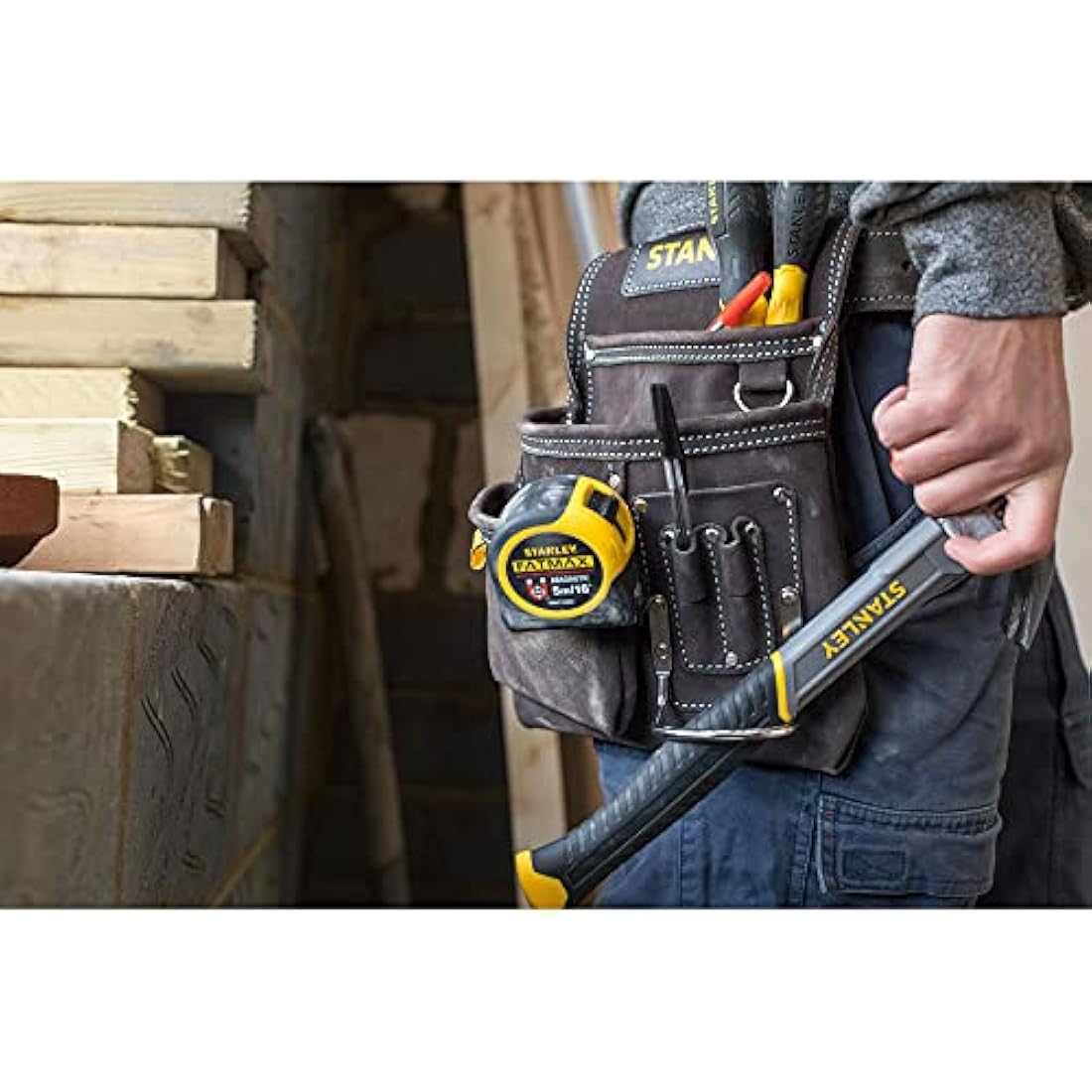 STANLEY Leather Tool Pouch, Double Pocket Storage Organiser, Hammer Loop, STST1-80114 Dark Brown One Size