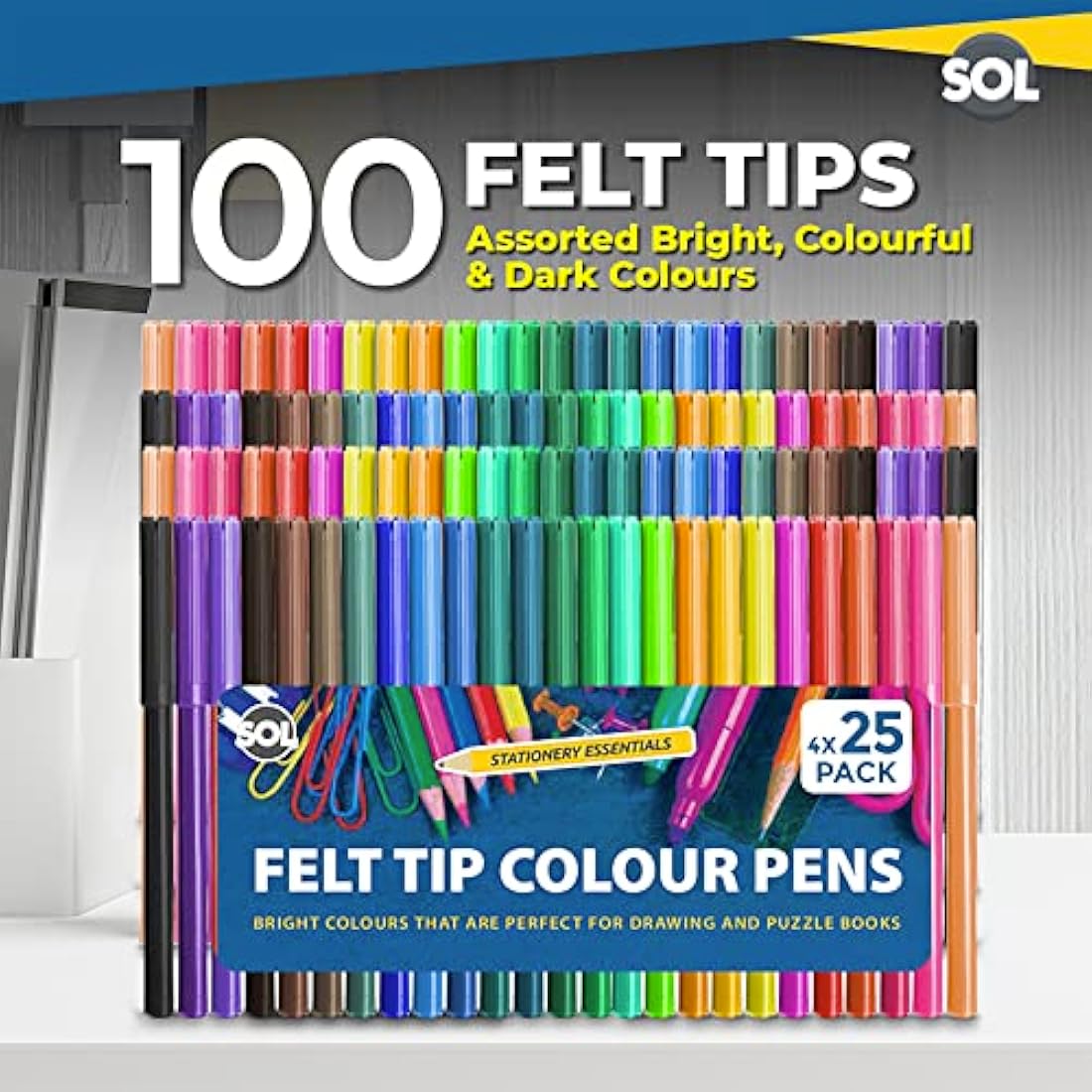 SOL 100 Felt Tips Colouring Pens for Adults & Kids Felt Tip Pens for Children Drawing Coloured Pens Felt Pens, Colouring Pens for Kids Coloured Markers Pack Felt Tip Pens for Adults Colouring Book