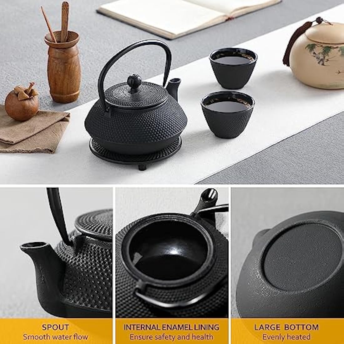 Velaze Iron Teapot set, Traditional Japanese Tetsubin Tea Kettle Cast Iron Teapot with Stainless Steel Infuser, Antique Small Dot Design, 2 Iron Cups and Trivet Stand Tray, 700ML/ 24OZ