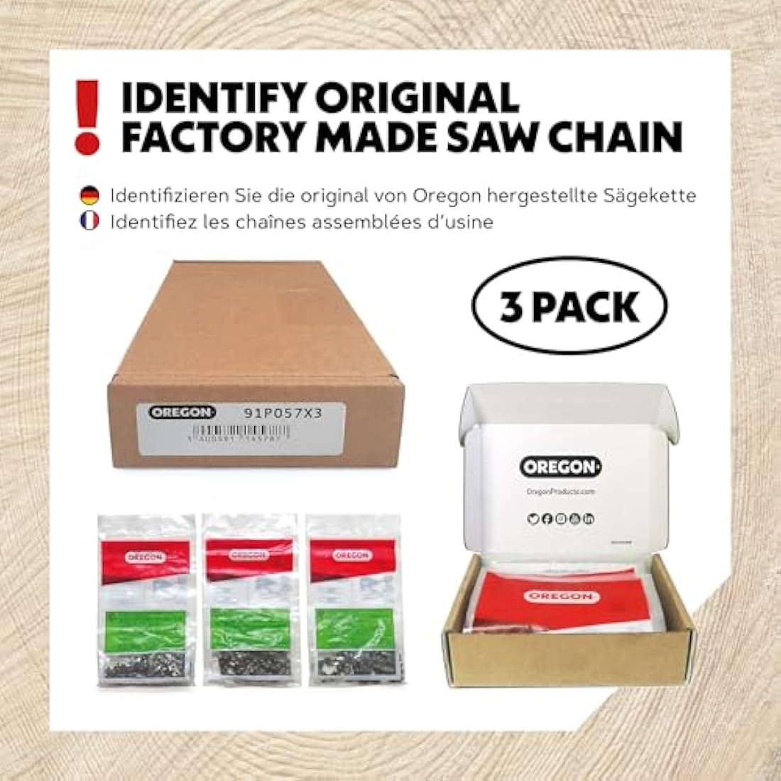 Oregon 3-Pack Chainsaw Chain 3/8" LP Pitch, .050" (1.3 mm) Gauge for 16" (40cm) Bar, 57 Drive Links – Low-kickback Chainsaw Chain, Fits Titan, Ryobi, Hawksmoor, Ferrex and more