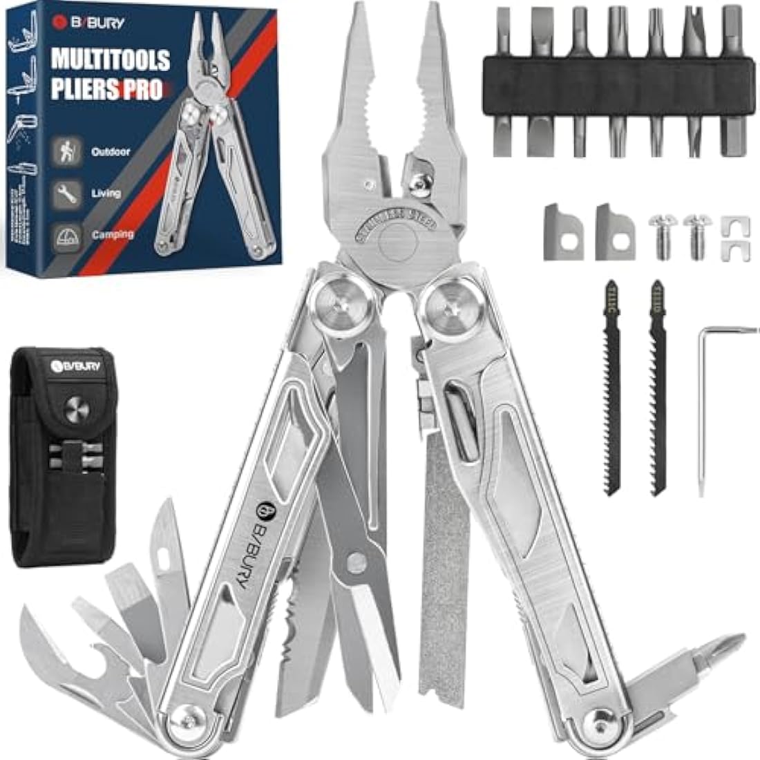 BIBURY Multitools, Multi Tool Foldable Pliers with Upgraded Scissors and Screwdriver Set, Stainless Steel Multitools with Nylon Pouch, Ideal for Camping, Outdoor, Repairing - Gift for Dad Men - Pro