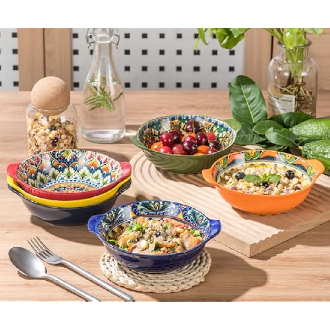 Henten Home Bowls Set, Porcelain Salad Bowl with Handles, Colorful Serving Plates 6pcs - 17.5Oz, Ceramic Bowls for Cereal Soup Salad - Bohemian Style