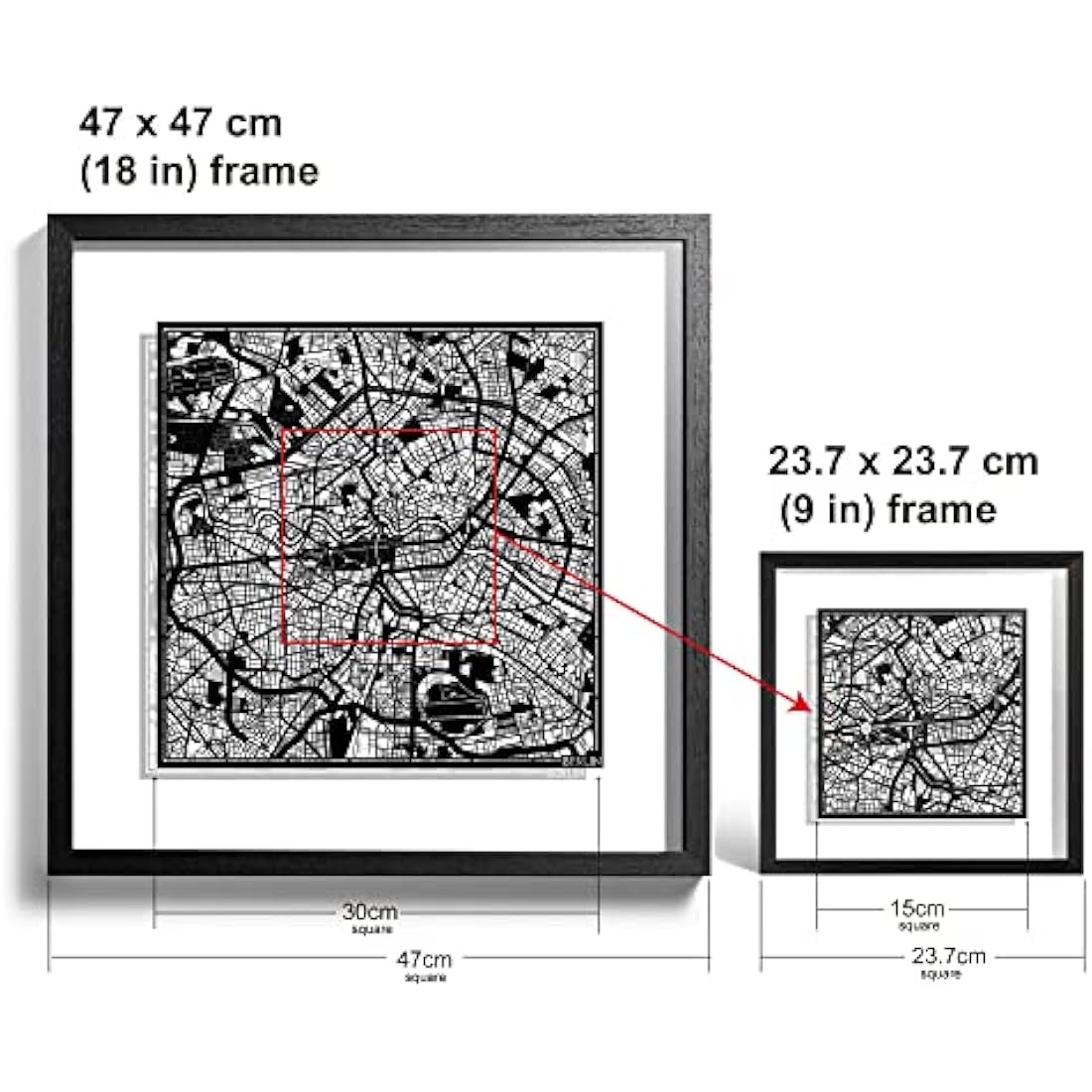 O3 DESIGN STUDIO Berlin Marco de Papel para mapas, Black map, Black frame, 9x9 inches, Gift Boxed, 2 background color, self-changing, Paper Art
