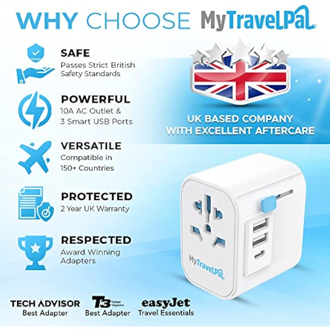 Worldwide Travel Adapter with USB-C | The Safest All In One Travel Adaptor | MyTravelPal® Pro Grounded Universal Travel Adapter Worldwide | Earthed International World Charger Travel Plug Adapter