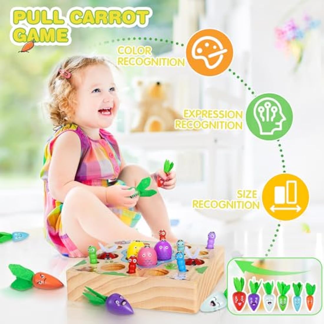 COOLJOY Wooden Fishing Game Toy, 4 In 1 Magnetic Montessori Toys for 2 Year Olds, Carrots Harvest Toy Shape Sorter, Toddler Educational Gift for 2 3 4 Year Olds Girls Boys