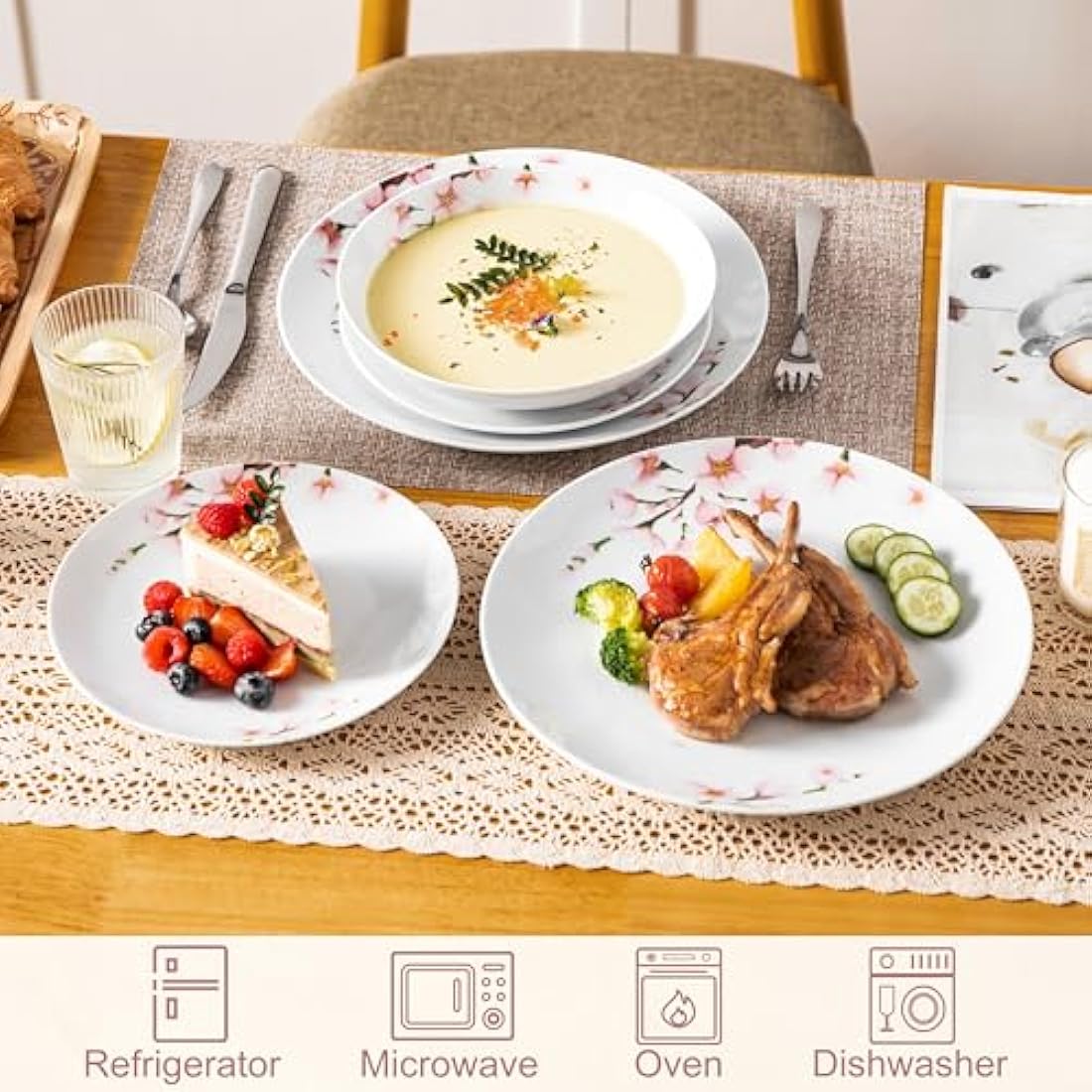 VEWEET Dinner Sets for 6 People, Porcelain Plates and Bowls Set, Dinner Plates, Dessert Plates, Soup Bowls, 18 Pieces, Round, Series Annie