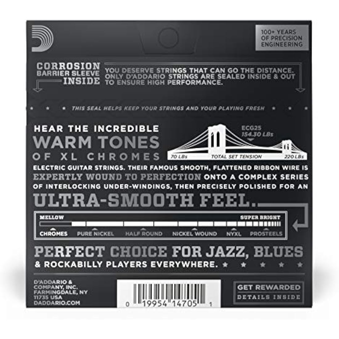 D'Addario Guitar Strings - XL Chromes Electric Guitar Strings - Flat Wound - Polished for Ultra-Smooth Feel and Warm, Mellow Tone - ECG25 - Light, 12-52, 1-Pack