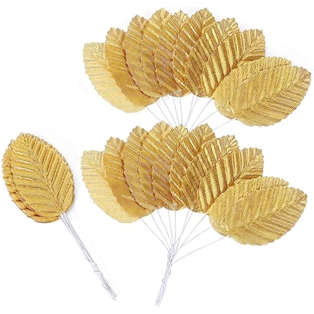 MWOOT 200Pcs Artificial Rose Leaves, Fake Single Leaf for Crafts, Gold Faux Silk Leaves for DIY Cake Bouquet Wedding Party Festival Valentine's Day Decoration, Wired Gold Leaves