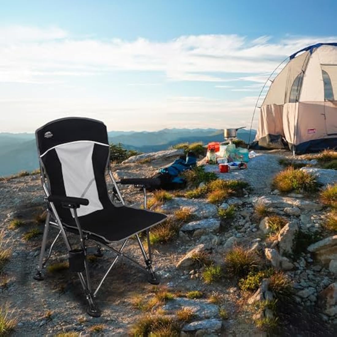 LANMOUNTAIN Camping Chair with Padded Hard Armrest,Cup Holder,Heavy Duty for Adults,Mesh Backrest,Portable Lawn Lightweight Outdoor Camp Chair,Support up to 400lbs